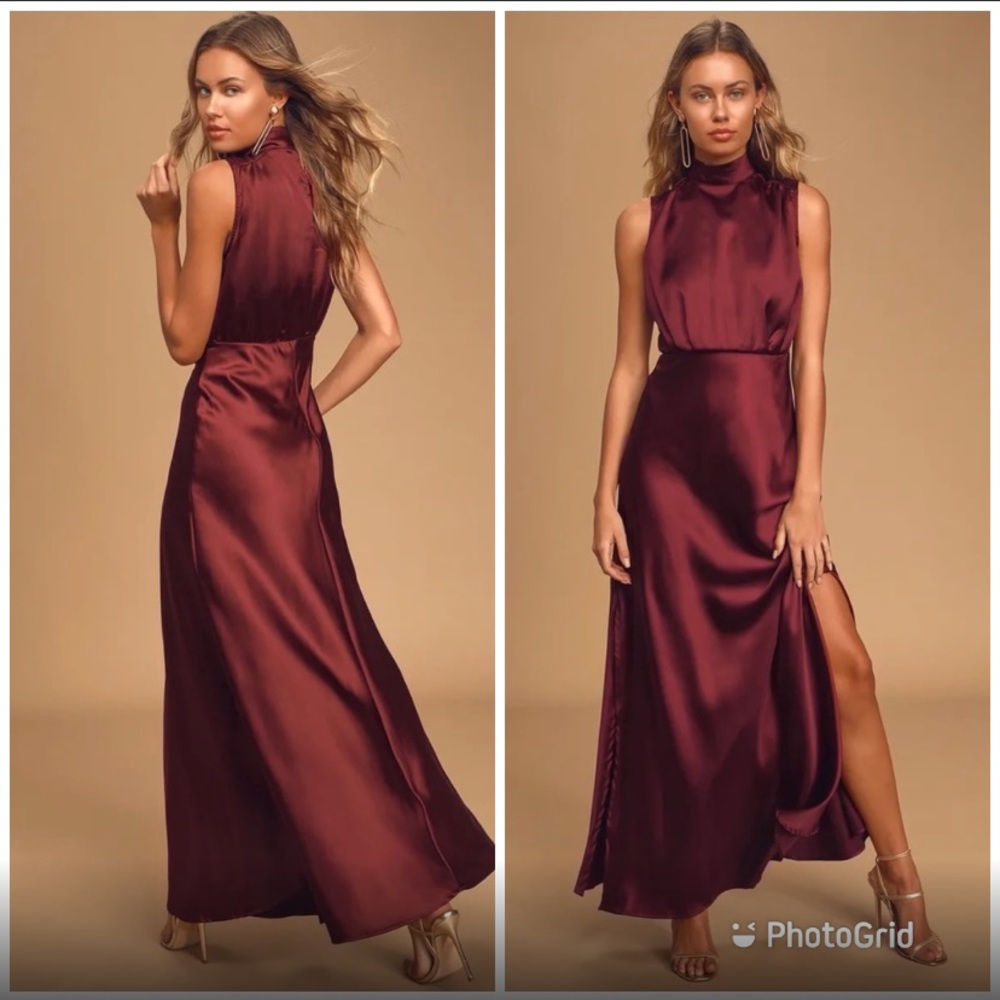 Lulus Classy Red Wine, Satin Mock Neck, Maxi Length Dress